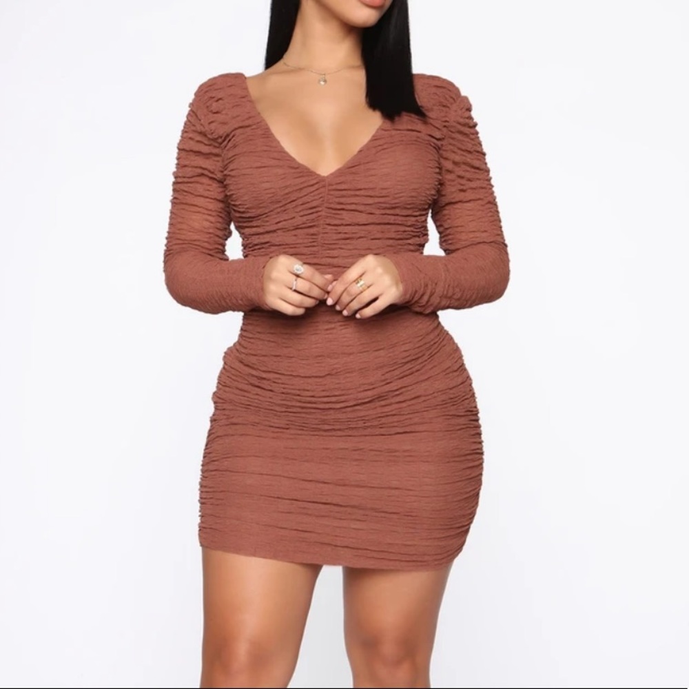 Ruched Mesh Mini Dress - Brown